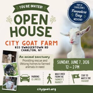 Join City Goat Farm for a community open house during Charlton's Founders Day Weekend!

On Sunday, June 7 from 12–2pm, we’ll be opening the farm to visitors to meet the residents, learn more about what we do, and enjoy some time with the animals. Stay after your visit and catch the Founders Day parade!

Whether you’re a longtime friend of the farm or have been meaning to stop by for the first time, we’d love to see you.

🐐 City Goat Farm Open House
🗓️ Sunday, June 7, 2026
🕐 12–2pm
📍 833 Swaggertown Rd (x Charlton Rd)