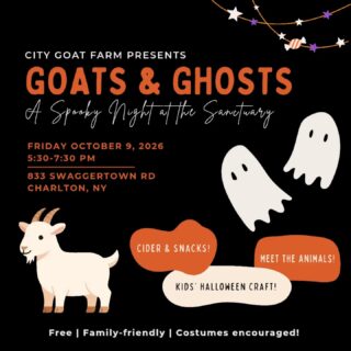 September is here, and we’re excited to announce City Goat Farm's second annual fall open house:

👻🐐 GOATS & GHOSTS 🐐👻

Last year, we opened the gates for our very first fall community open house and had such a great time welcoming friends, neighbors, and new faces to City Goat Farm that we decided to make it an annual tradition.

Join us for an evening of animals, Halloween fun, cider, snacks, and more!

🐐 Meet our rescued farm animals
🎃 Halloween fun for the whole family
🎨 Kids’ Halloween craft
🍎 Cider & snacks
👻 Costumes welcome!

📅 Friday, October 9 | 5:30–7:30 PM
📍 City Goat Farm, 833 Swaggertown Rd, Charlton, NY

Free • Family-friendly • All are welcome!

Come meet the animals who call City Goat Farm home and see a little of what life is like at our farm animal sanctuary. We’d love to see you there! 👻🐐